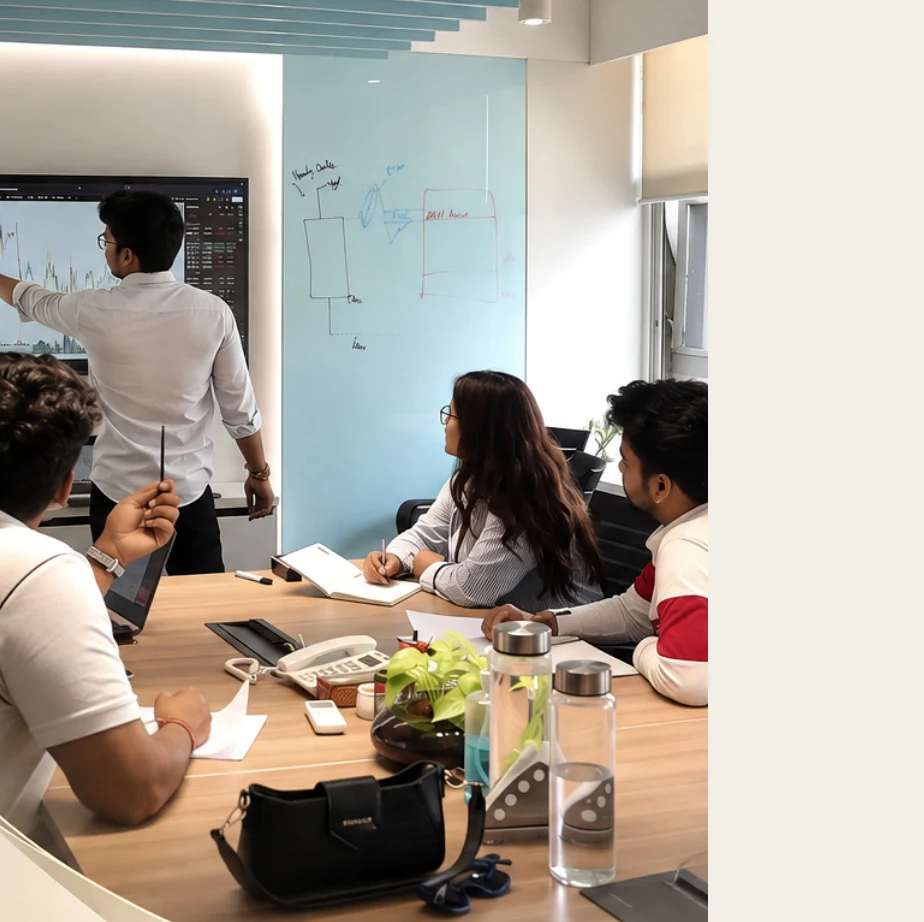 Mentor guiding traders through a live chart analysis on a classroom display